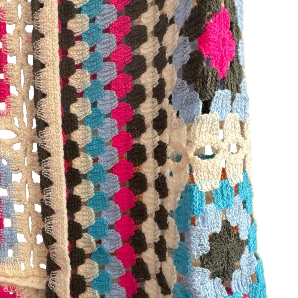 POL Crochet Knit One Size Duster Cardigan Open-Front Colorful Granny Square - Picture 2 of 5